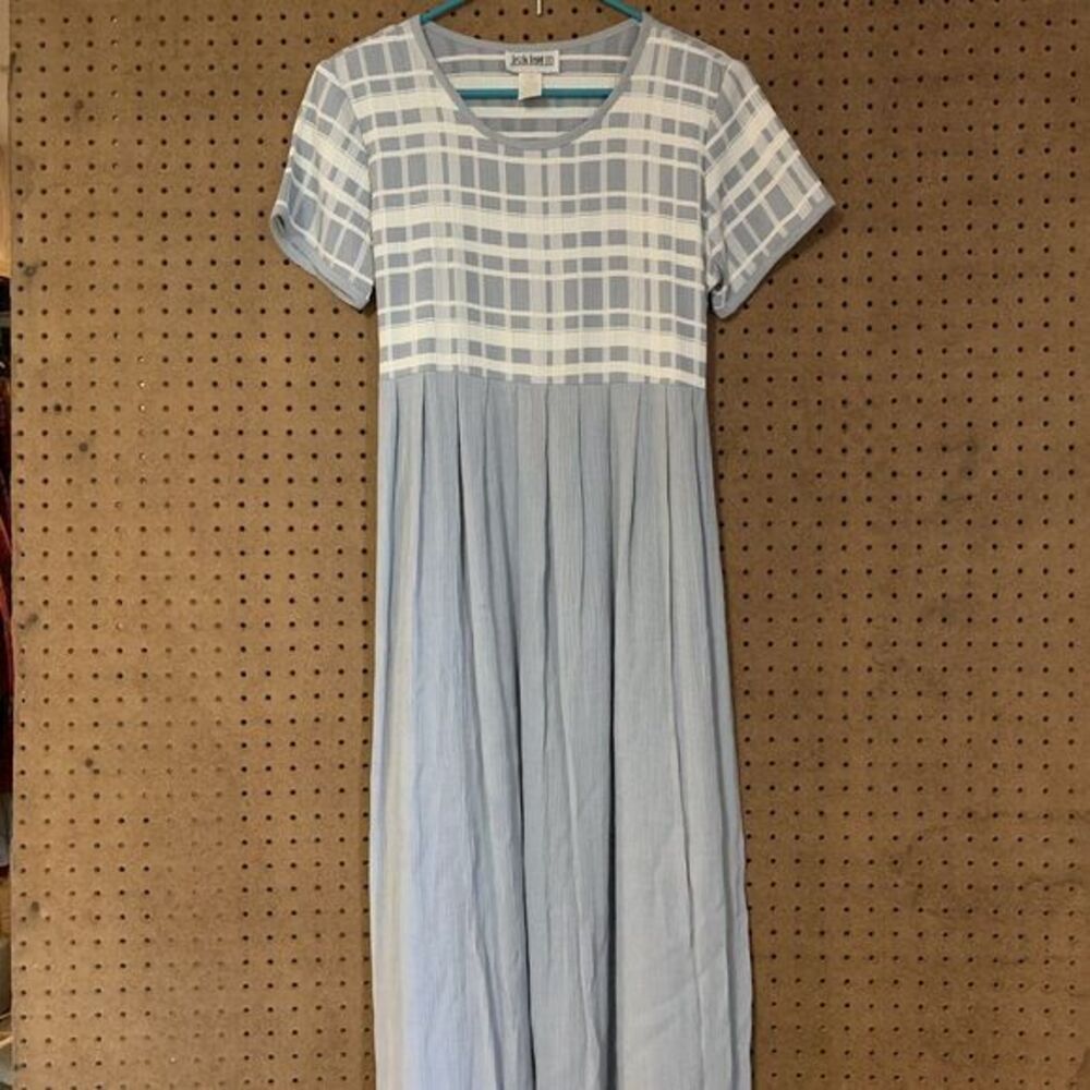 Vintage Dress 90s Y2k Blue Gray Maxi Full Length Short Sleeve Cottage Retro 6‎